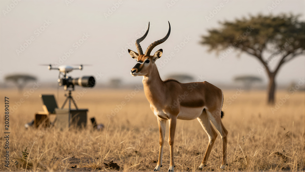 Fototapeta premium Scientific Monitoring of Saiga Antelope in Savanna Ecosystem