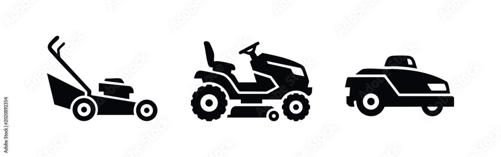 Fotografie Lawnmower Icon Set Featuring Push Riding and Robotic Models