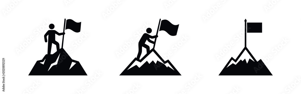 Fototapeta premium Success and Achievement Icons Showing Person Planting Flag on Mountain Peak Summit