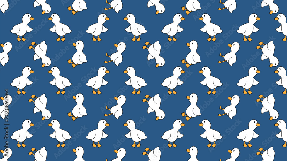 Foto Cute white ducklings march across a solid blue background