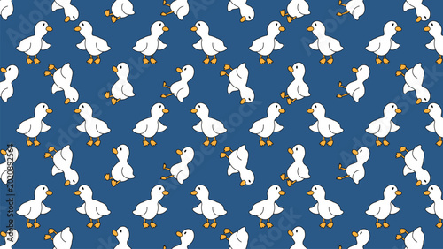 Photos Cute white ducklings march across a solid blue background