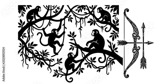 Photography Black monkey tree silhouette vector with decorative tribal bow and arrow illustr