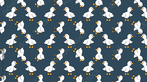 Cute cartoon ducks hop across dark blue background. Each duck has white feathers and orange beak and feet. They face different directions, playful and joyful. Ideal for children's designs