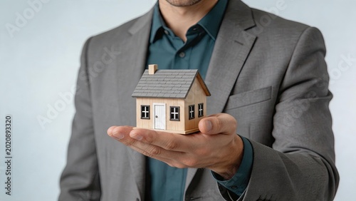 Businessman holding miniature house model in hand, real estate investment concept, property buying and selling, home insurance protection, mortgage loan services, construction