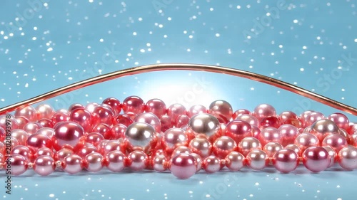 Shiny pink pearl necklace jewelry on a festive blue background with sparkling light effects for holiday celebration