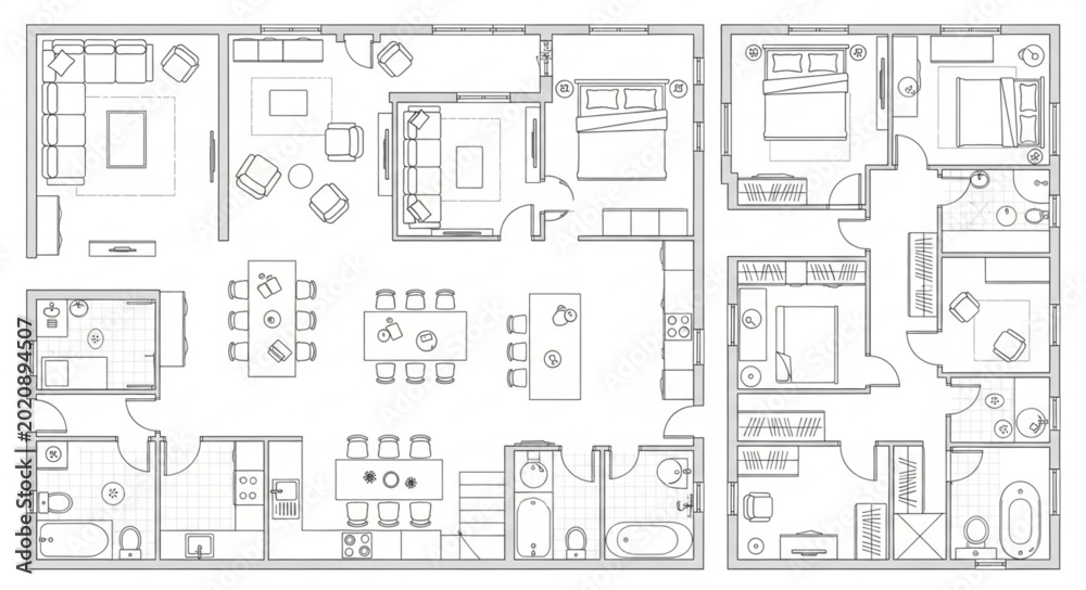 Fototapeta premium Detailed architectural floor plan of a large house layout.