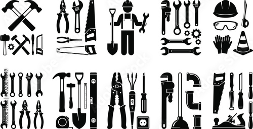 Photos Construction and industrial tool silhouette collection with hand tools worker eq