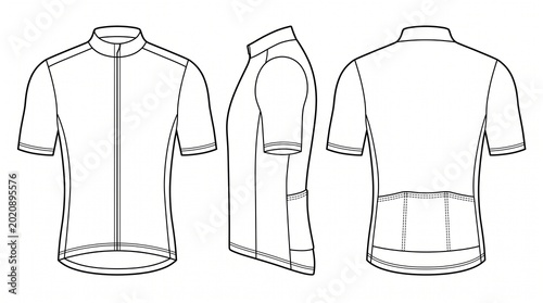 Cycling jersey design template with front, side, and back views, ideal for sports apparel mockups.