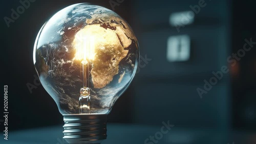 The shows the globe encapsulated within a vintage-looking glass bulb. The bulb casts a warm, luminous aura around it. The backdrop is dimly lit, focusing attention on the illuminated globe.