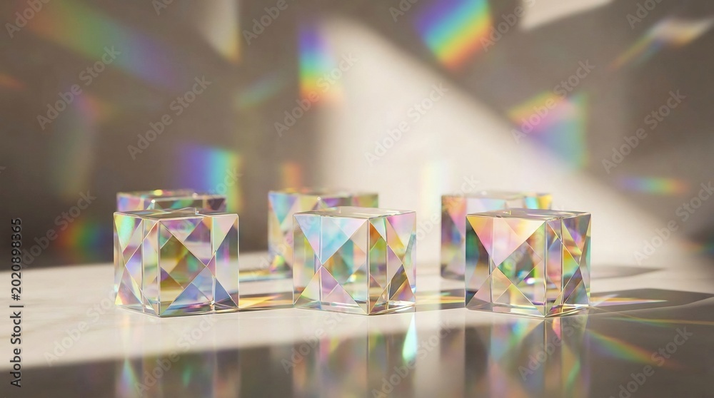Naklejka premium Holographic crystals on reflective surface.