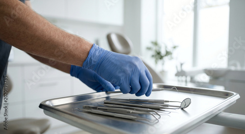 Dentist hands in blue gloves arranging tools on metal tray