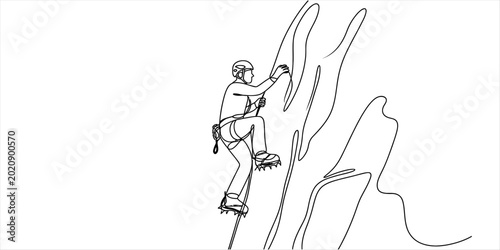 Foto A man rock climbing on a steep mountain wall wearing a safety helmet and crampon
