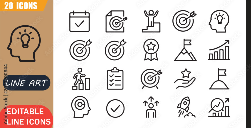 Αυτοκόλλητο New year resolution icons set, 20 editable line art icons set, goal success moti