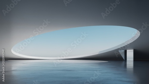 Minimalist futuristic architecture with a large circular skylight and reflective concrete floor