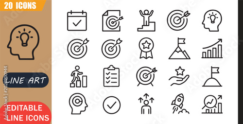 New year resolution icons set, 20 editable line art icons set, goal success motivation planning achievement future inspiration, resolution tools, outline vector, success, growth, future, planning