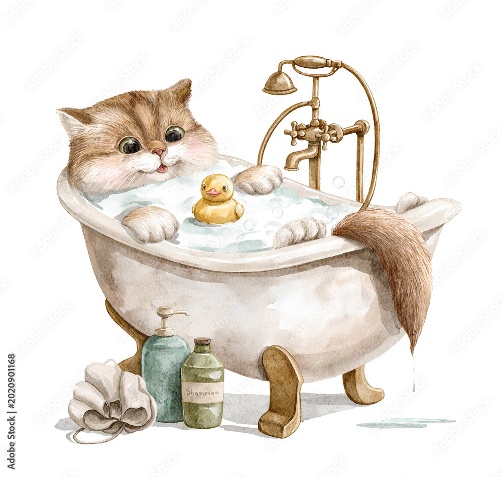 Φωτογραφία Watercolor cute red funny cat ilies in bathtub with foam,  playing with rubber ducky, bathes and smiles isolated on white background