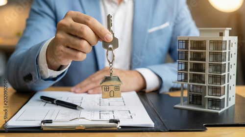Businessman Holding House Keychain with Keys Over Architectural Plans and Building Model