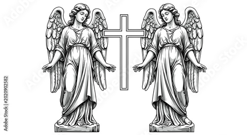 Photos Two Angels and Christian Cross - Vintage Engraving Style