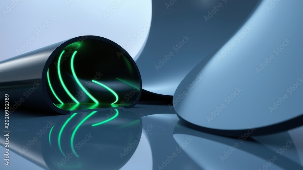 Fototapeta premium Abstract metallic tunnel. Glowing green lines illuminate interior, reflecting on polished surface. Minimalist composition, futuristic design.