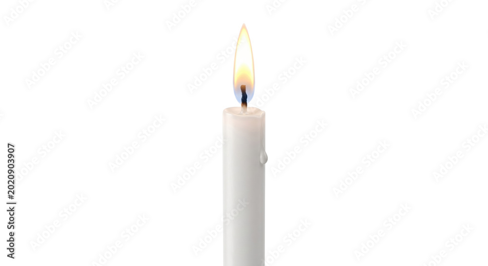 Fotografie Single lit white taper candle with flame isolated