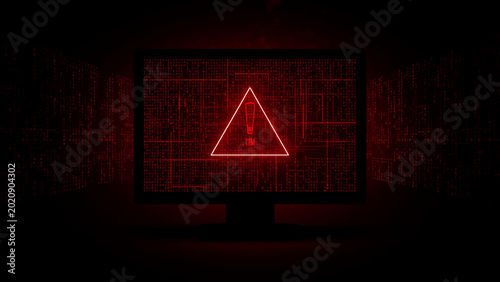 Red warning sign on computer screen in dark