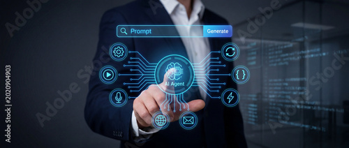 Businessman interacting with futuristic digital interface touching virtual screen with glowing blue icons and symbols in a dark background representing technology and innovation