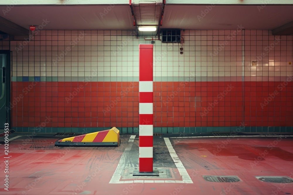 Fototapeta premium Empty urban parking garage with red tiled walls and a striped safety pillar