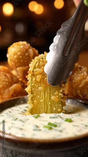 Crispy Golden Fried Pickle Stick with Creamy Herb Sauce. Savory Appetizer Snack, delightful comfort food for restaurant dining or lively bar indulgence