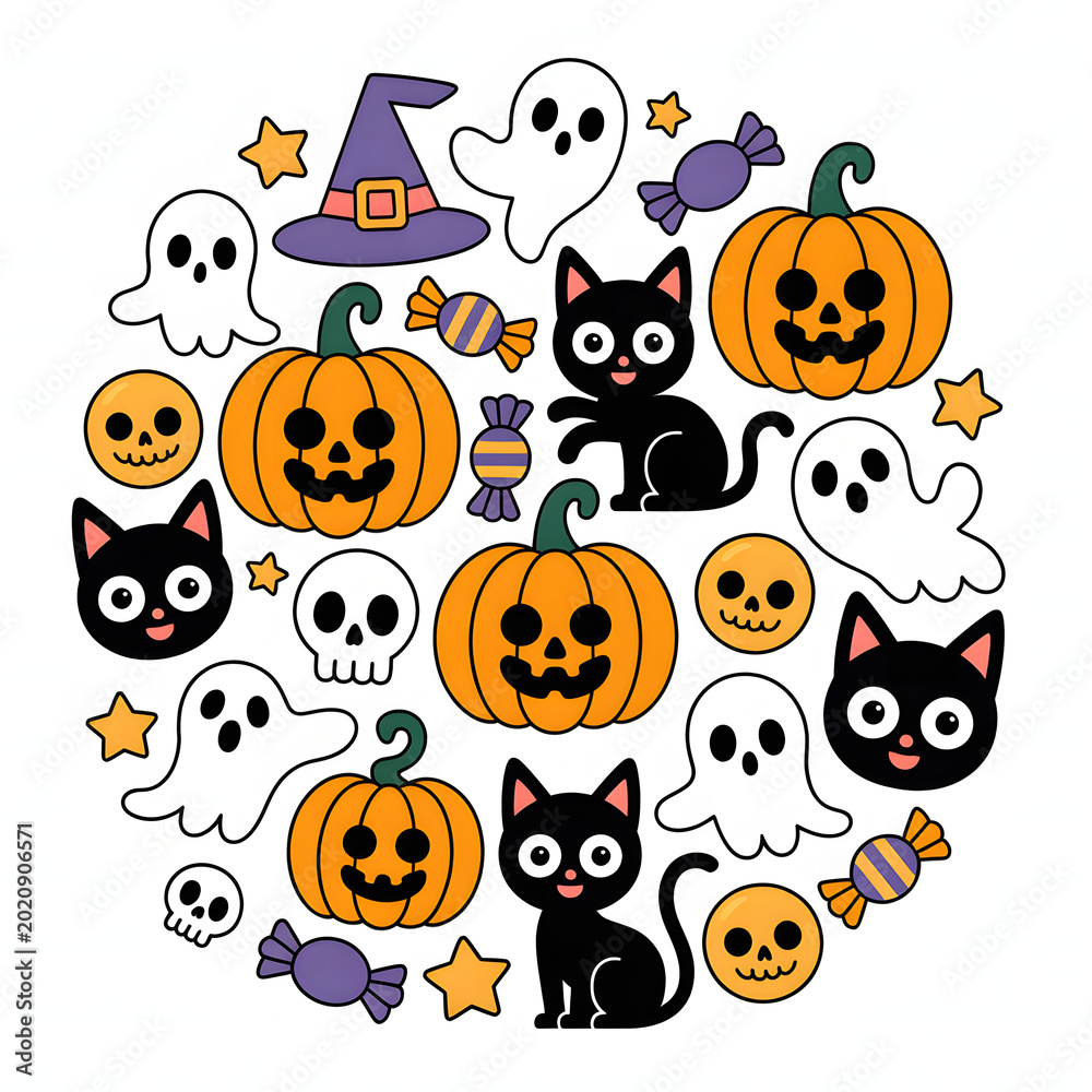 Naklejka premium Cute Halloween Sticker Set with Ghost Pumpkin Black Cat and Skull