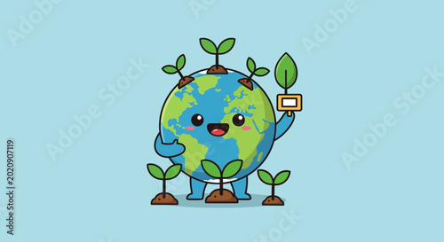 Foto A smiling cartoon Earth character holds plants and a battery in a sunny environm
