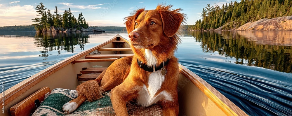 Fototapeta premium Brown and white dog sitting in a canoe on a calm lake at sunset in wilderness
