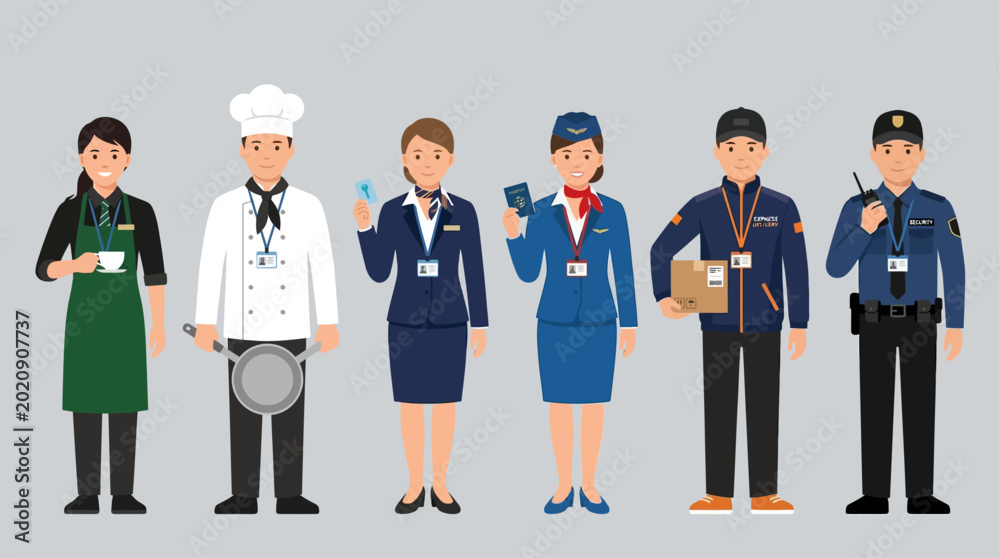 Fototapeta premium Various professionals stand together in a line wearing uniforms and badges.