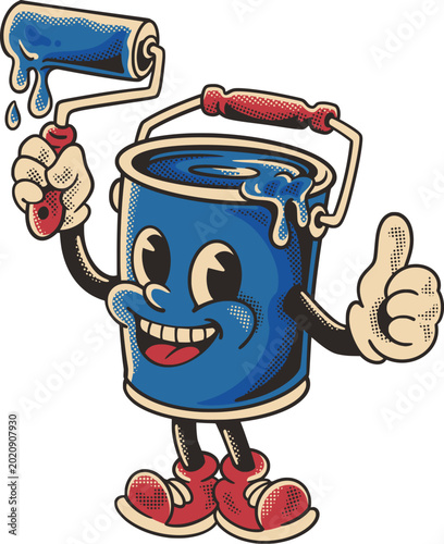 Full-body cartoon blue paint bucket mascot holding a paint roller and giving thumbs up, wearing red sneakers in cheerful vintage renovation style