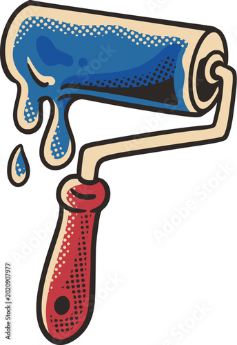 Cartoon paint roller with blue dripping paint, red handle, bold outline, and vintage halftone shading, isolated on a clean white background