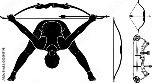 Foto Archery Silhouette Set with Female Archer Holding Bow and Arrow Plus Compound Lo