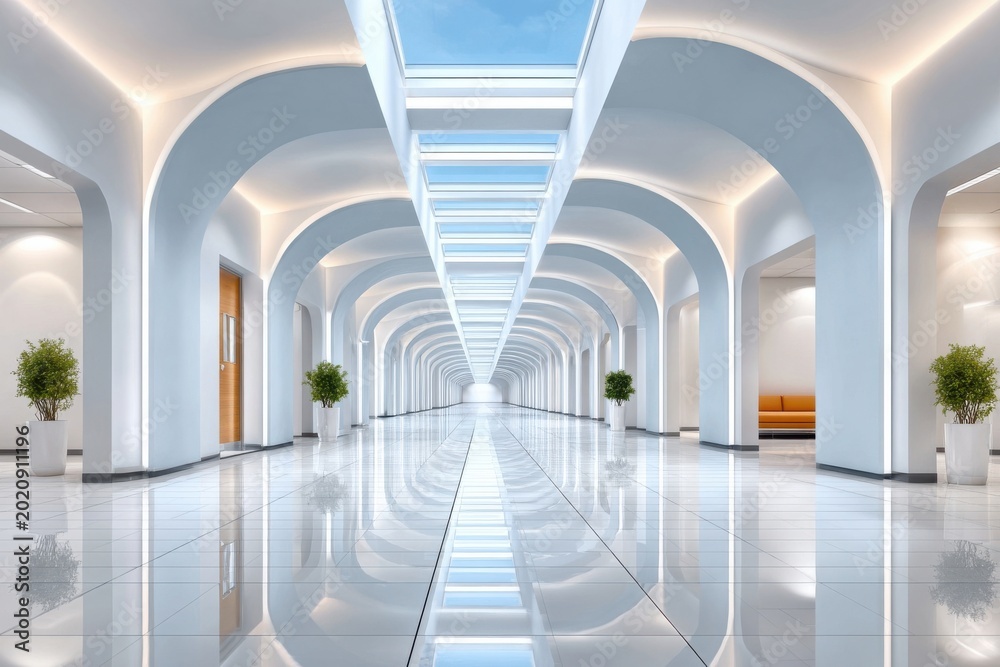 Fototapeta premium Empty modern hospital corridor with arched skylights, glossy reflective floor and minimalist waiting area
