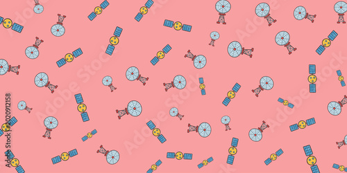 Whimsical Space Exploration Pattern with Cartoon Satellites on a Vibrant Pink Background