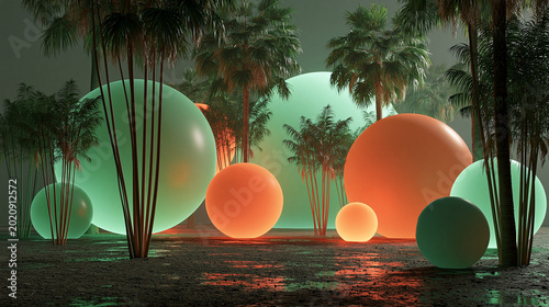High-detail artistic composition of neon green and orange glowing spheres placed among tall palm trees in a misty, atmospheric tropical setting at night.