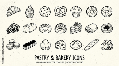 Collection of Hand Drawn Pastry and Bakery Icons.
