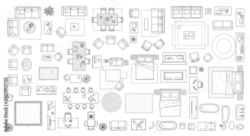 Collection of Hand Drawn Architectural Floor Plans and Furniture Layouts.