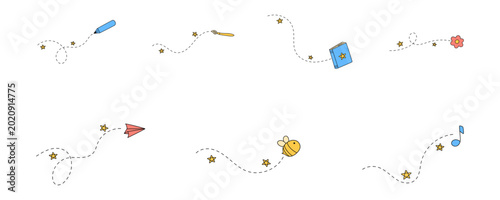School Dashed Line Decoration Set, Pencil Paintbrush Book Flower Music Paper Plane Bee Elements