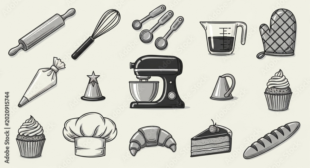 Fototapeta premium Baking Utensils and Pastries Collection Hand Drawn Style.