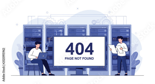 Technicians working in a server room while a large monitor displays a 404 page not found error message with gears in background.