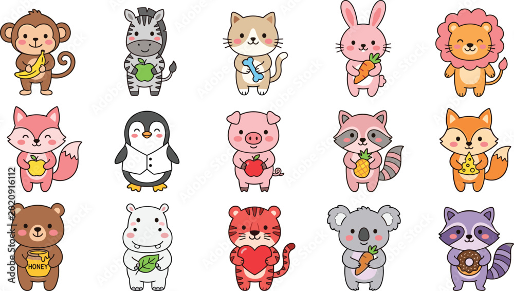 Naklejka premium cute cartoon baby animal character collection holding food items including monkey zebra cat rabbit lion penguin bear hippo tiger and koala for nursery designs