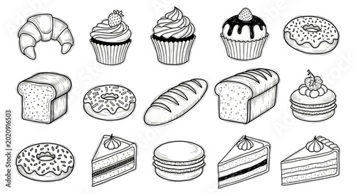 Foto Collection of Hand Drawn Baked Goods and Pastries.