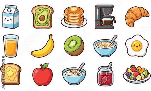 Set of cute breakfast food icons isolated on white background
