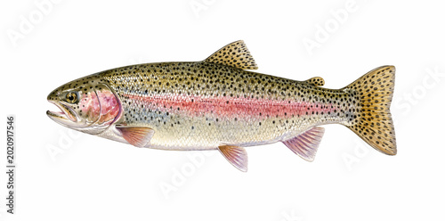 Bild auf Leinwand A realistic watercolor rainbow trout featuring speckled scales pink stripe and detailed freshwater fish anatomy illustrated in a natural wildlife style