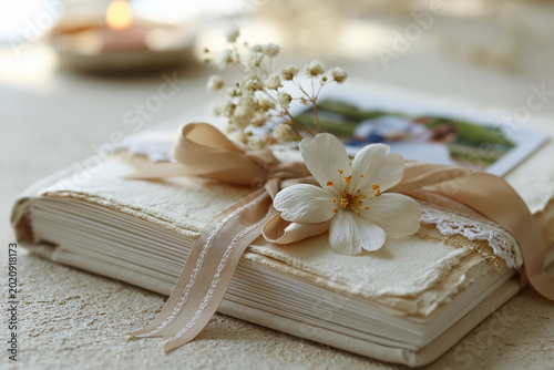 Softly tied ribbon adorns a vintage photo album. Delicate white flower rests atop the cover. Gentle light highlights aged, textured pages. Lace trim adds charm to the nostalgic design
