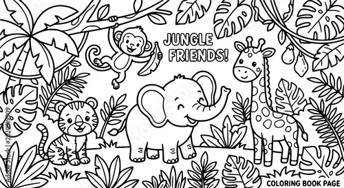 Canvas Print Creative cute jungle animals coloring page vector with safari characters and tro