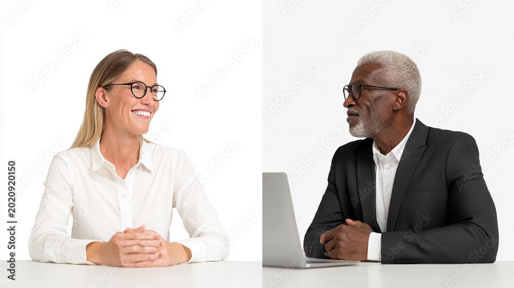 Fototapeta premium Two professionals engaged in virtual meeting, one smiling woman in white shirt and glasses, and one serious man in black suit with laptop